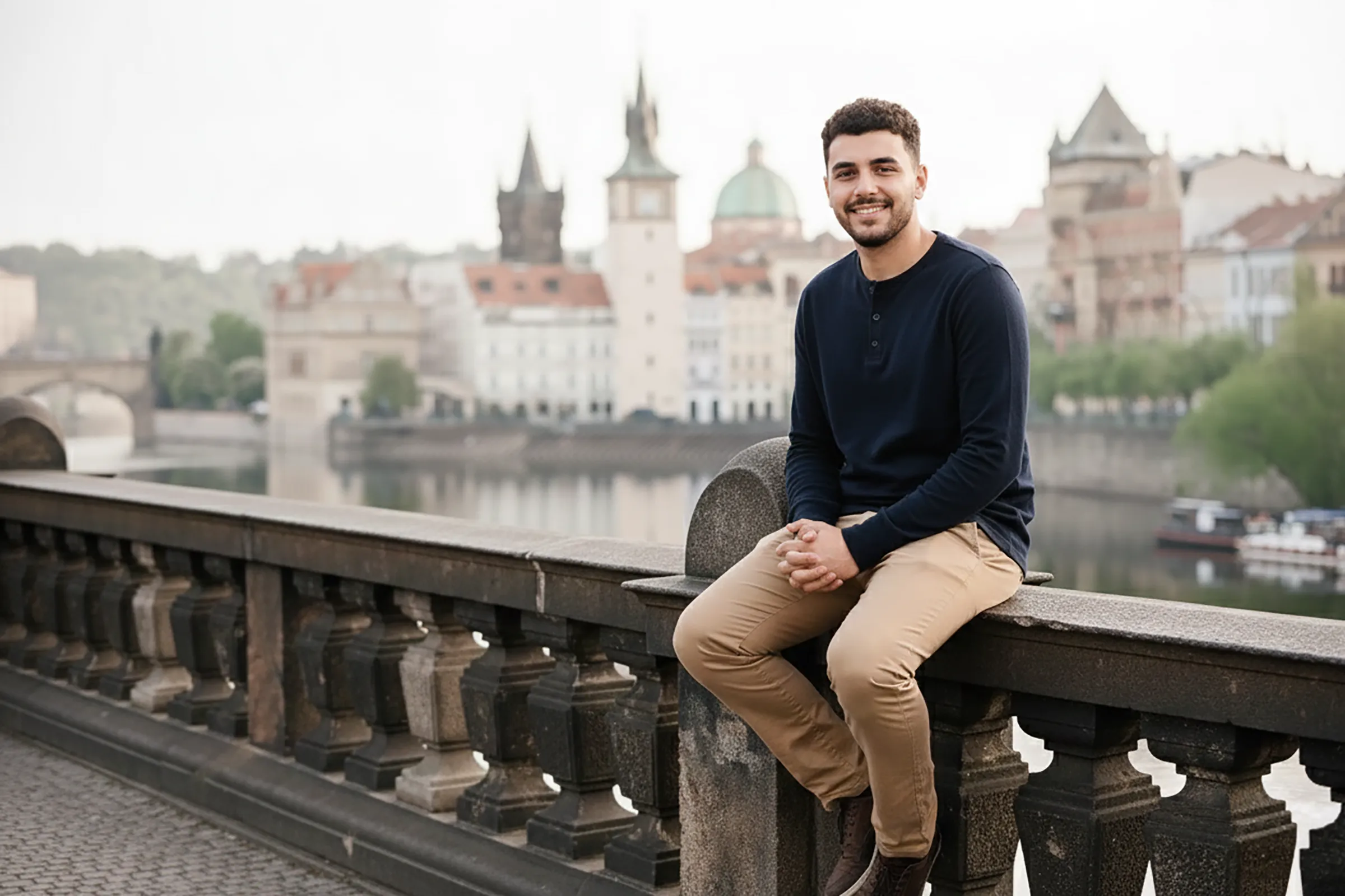 Solo photoshoot in Prague on Charles Bridge with city skyline in background